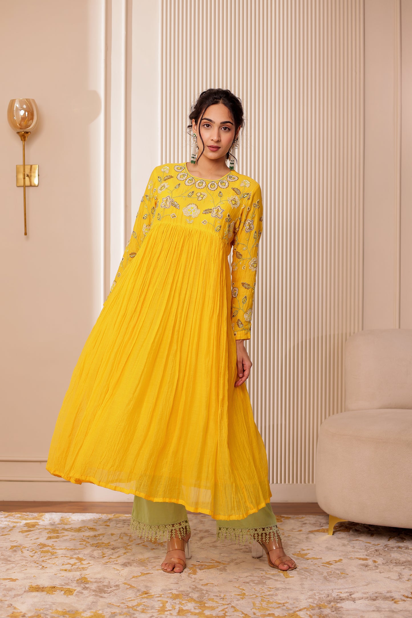 BRIGHT YELLOW HANDEMBROIDERED ANARKALI SET