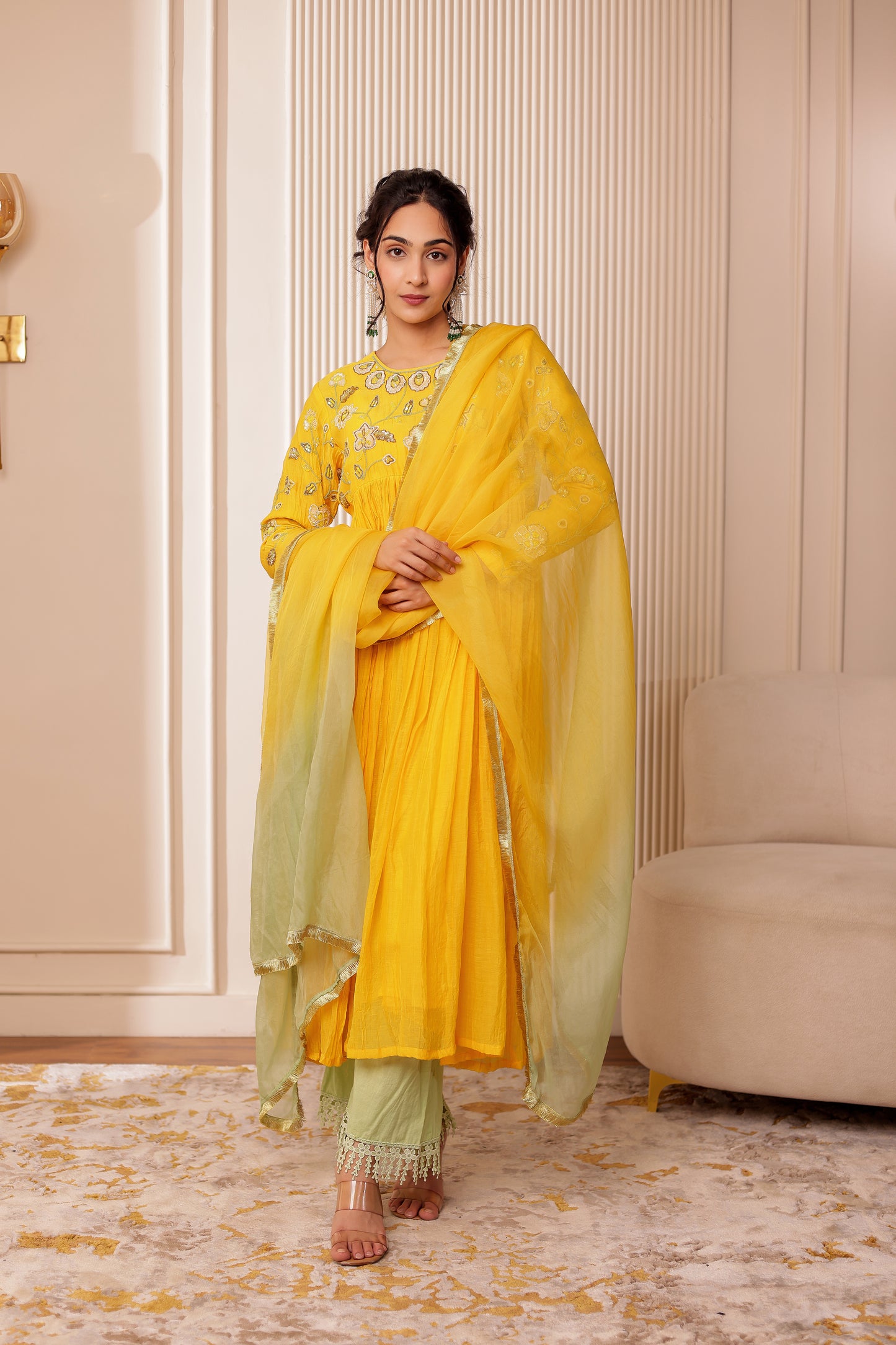 BRIGHT YELLOW HANDEMBROIDERED ANARKALI SET