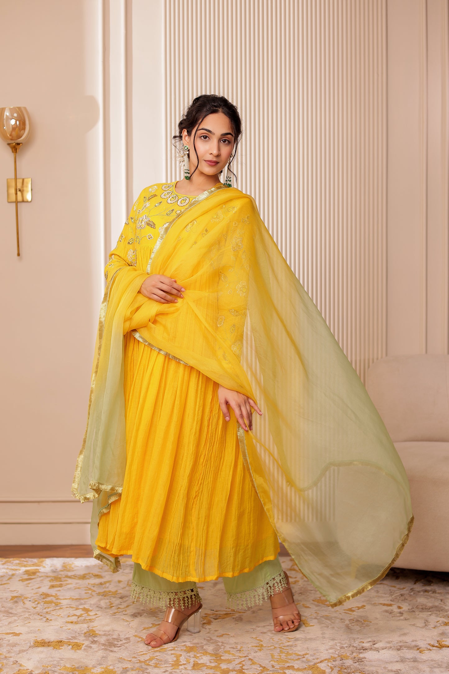 BRIGHT YELLOW HANDEMBROIDERED ANARKALI SET