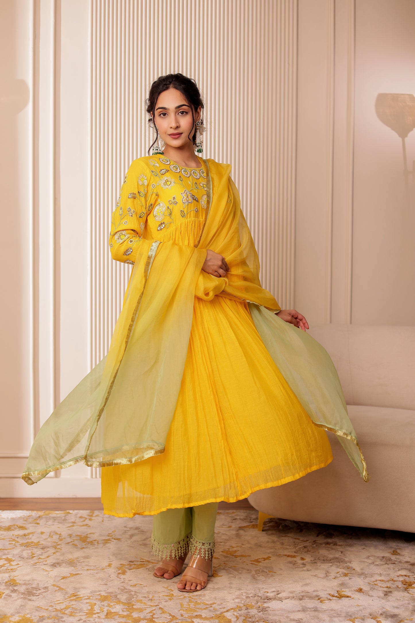 BRIGHT YELLOW HANDEMBROIDERED ANARKALI SET
