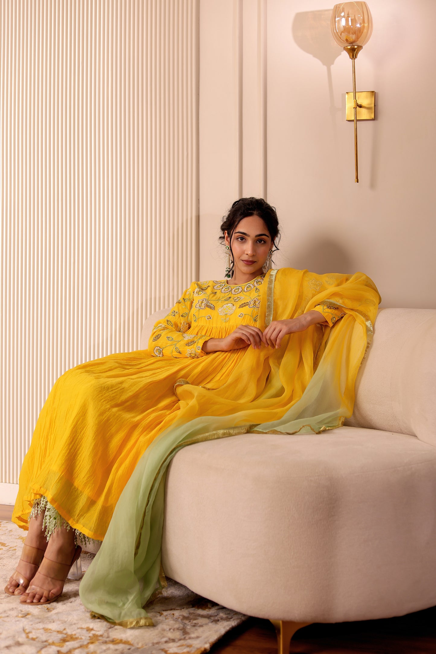 BRIGHT YELLOW HANDEMBROIDERED ANARKALI SET