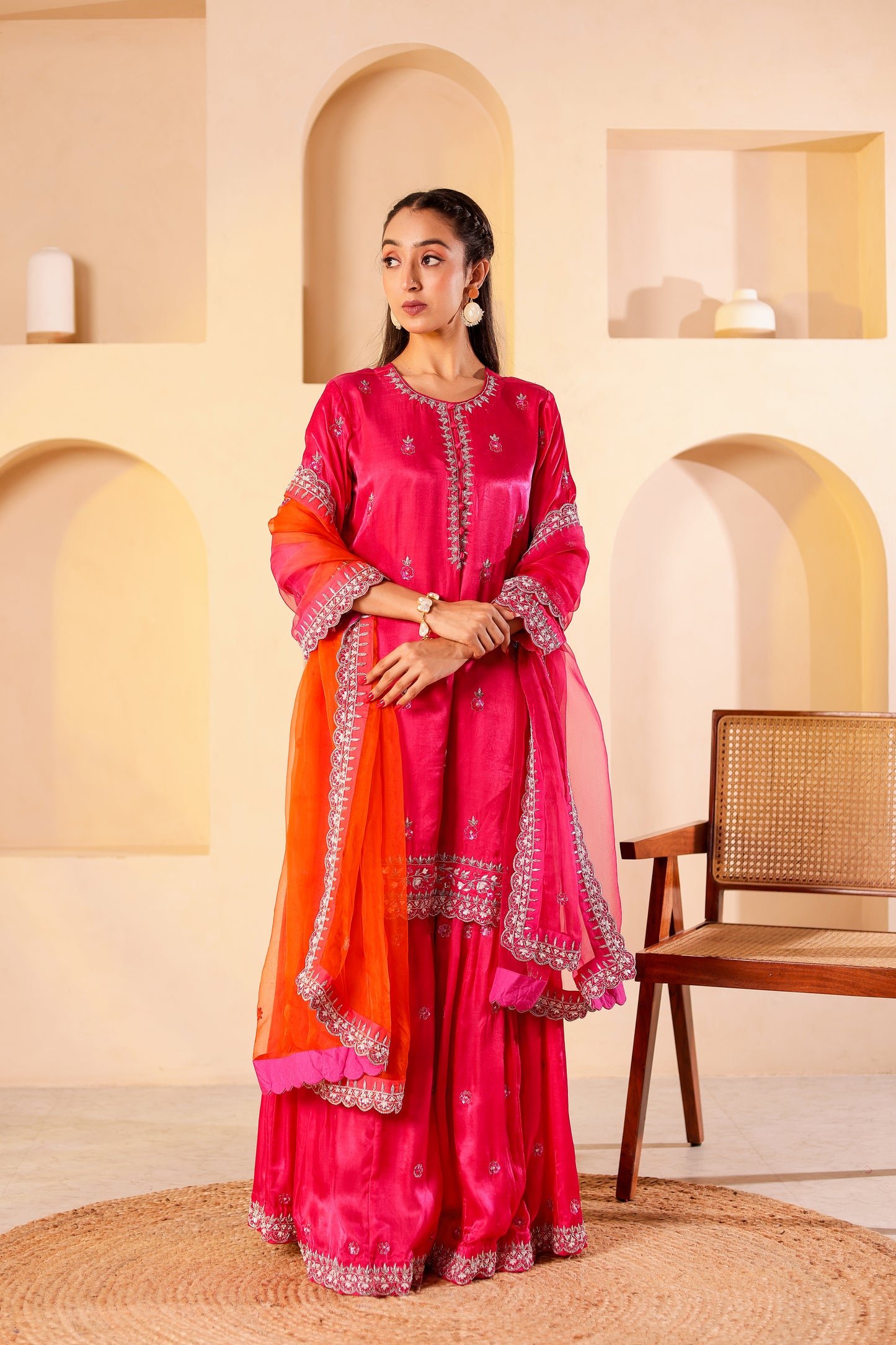 Fuchsia Silk Handembroidered Sharara Set