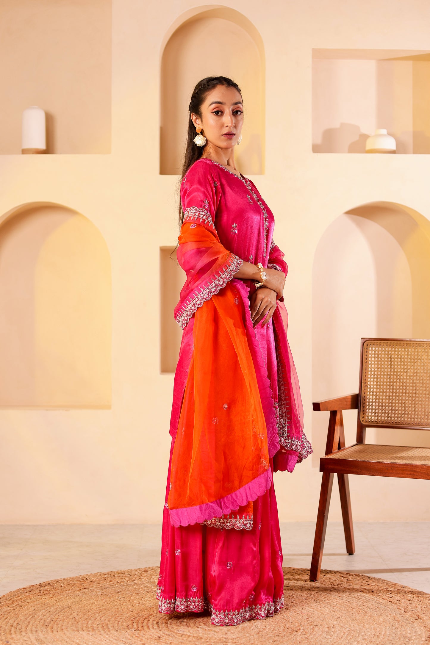 Fuchsia Silk Handembroidered Sharara Set