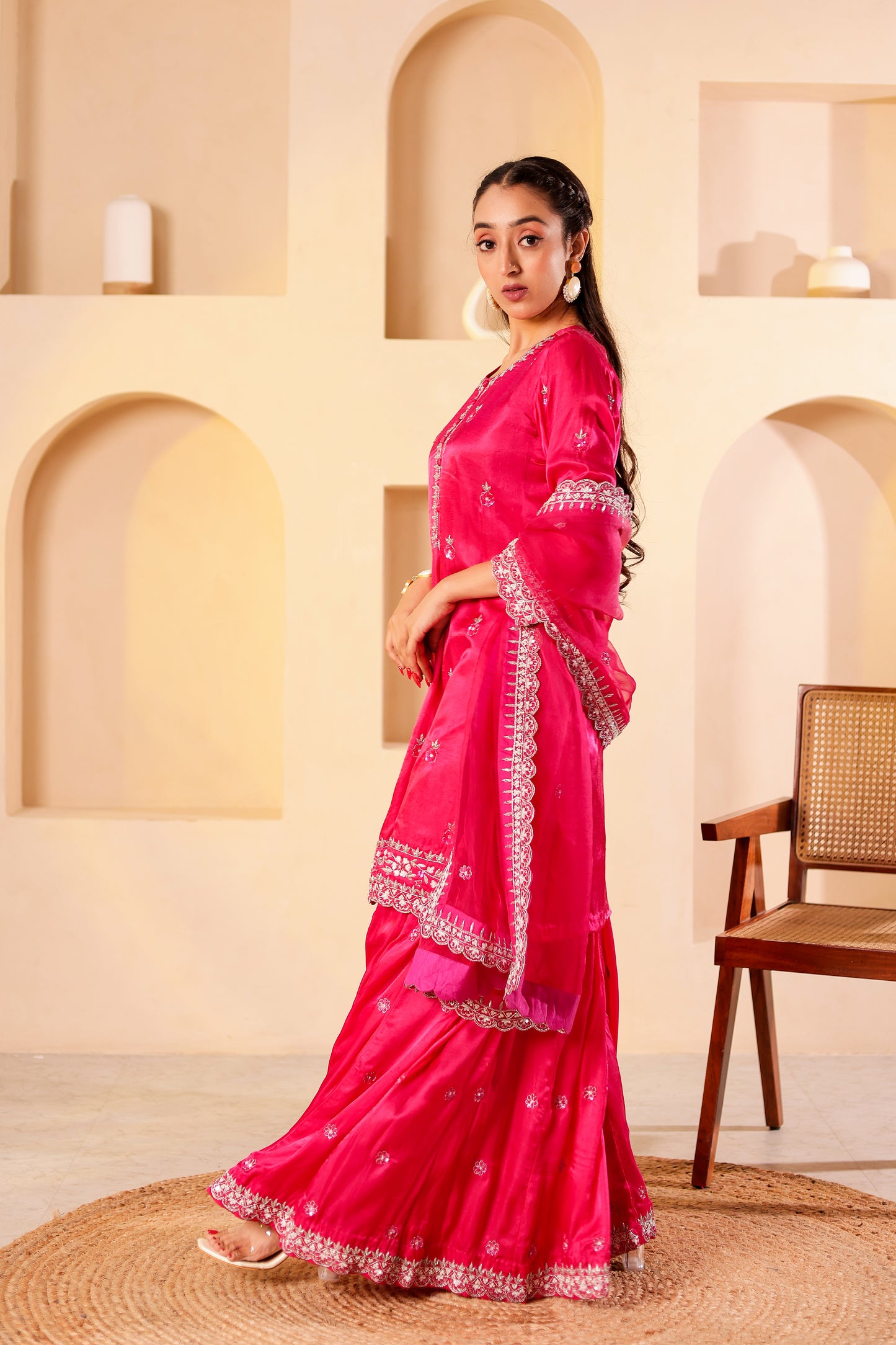 Fuchsia Silk Handembroidered Sharara Set