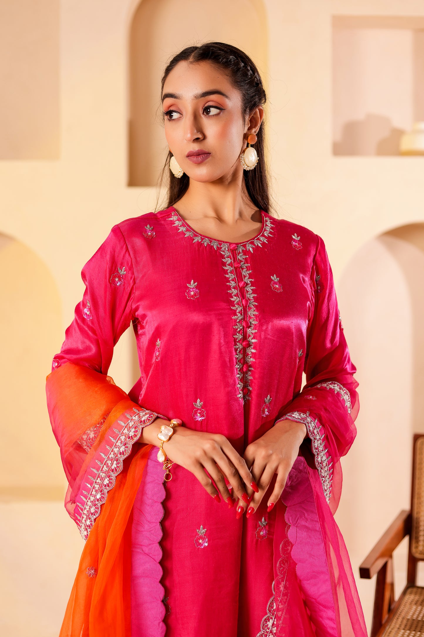 Fuchsia Silk Handembroidered Sharara Set