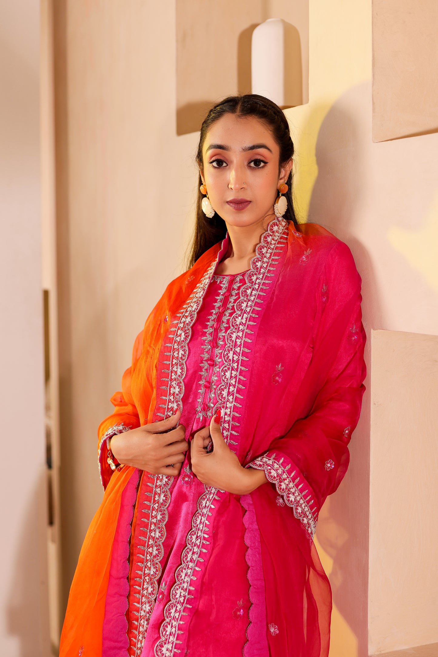 Fuchsia Silk Handembroidered Sharara Set