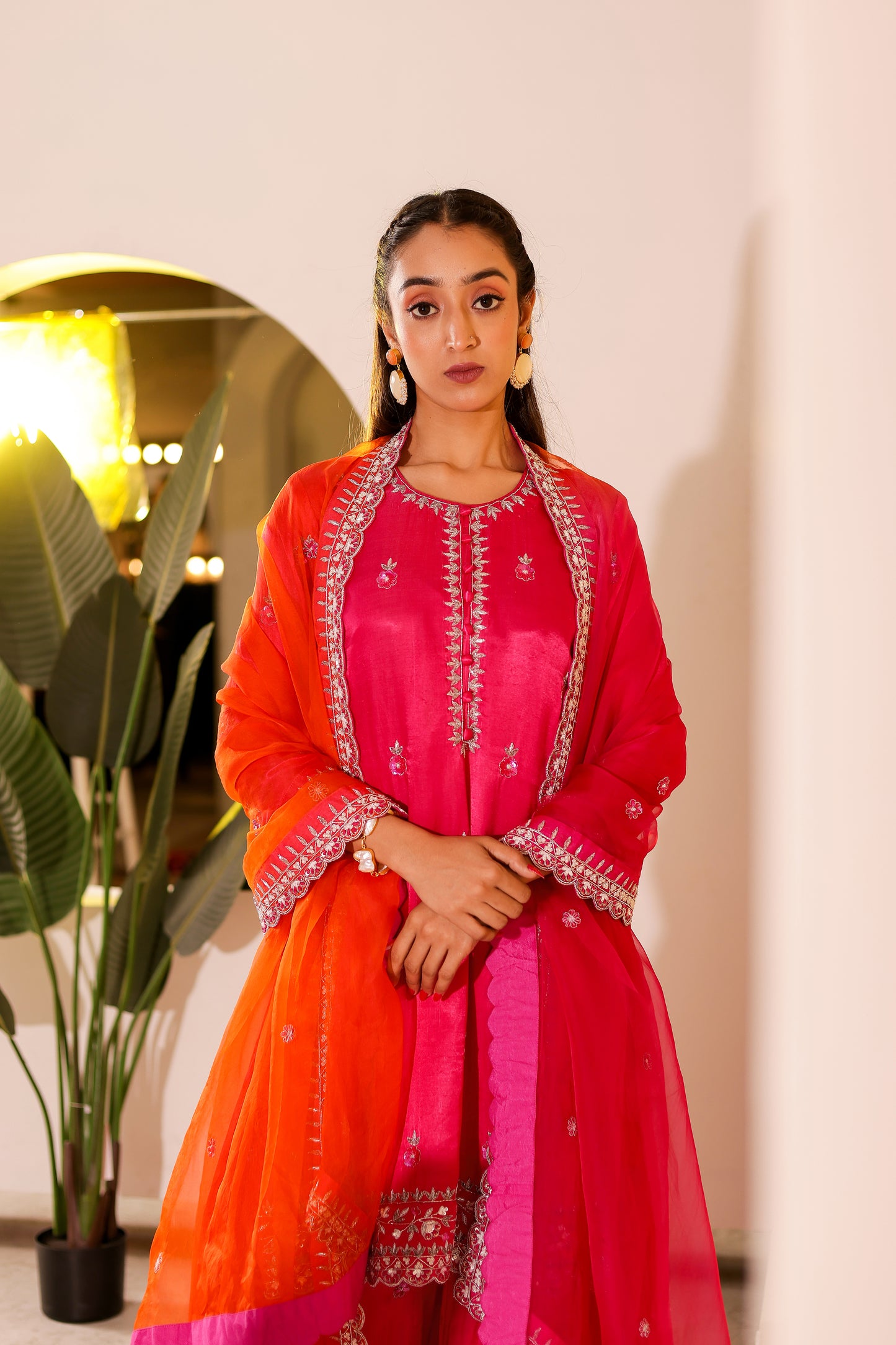 Fuchsia Silk Handembroidered Sharara Set