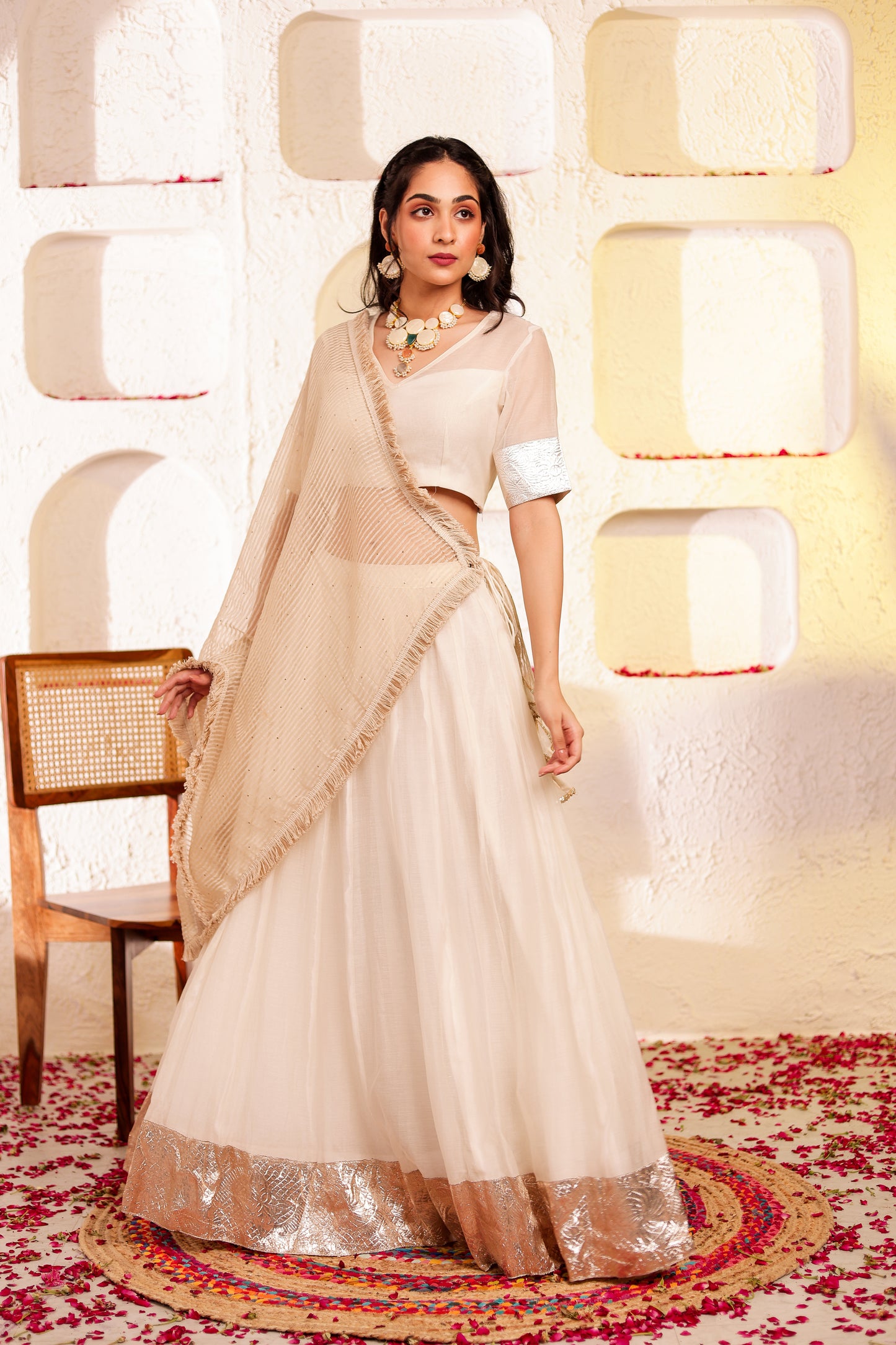 White Chanderi Silk Lehenga Set