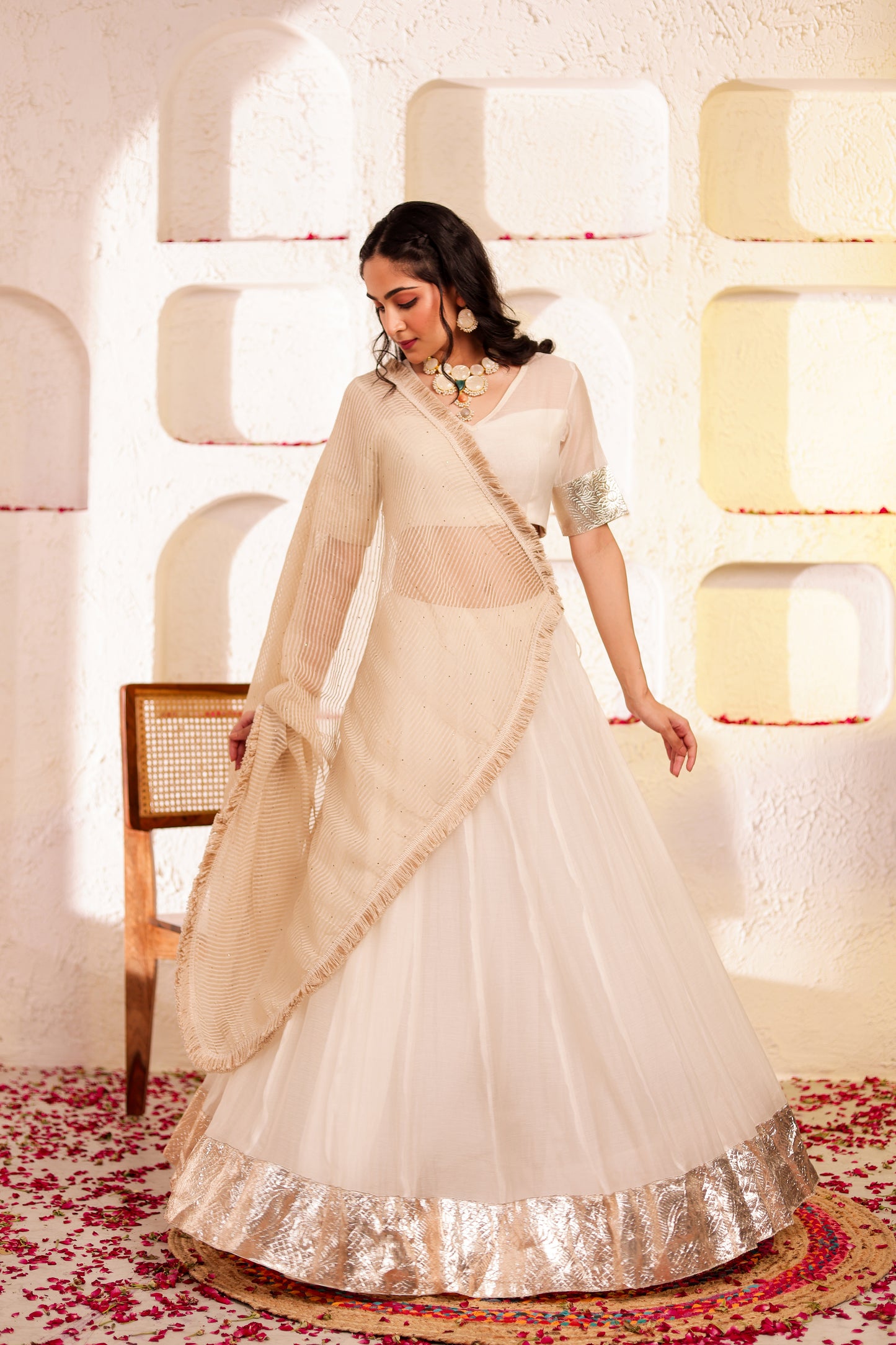 White Chanderi Silk Lehenga Set