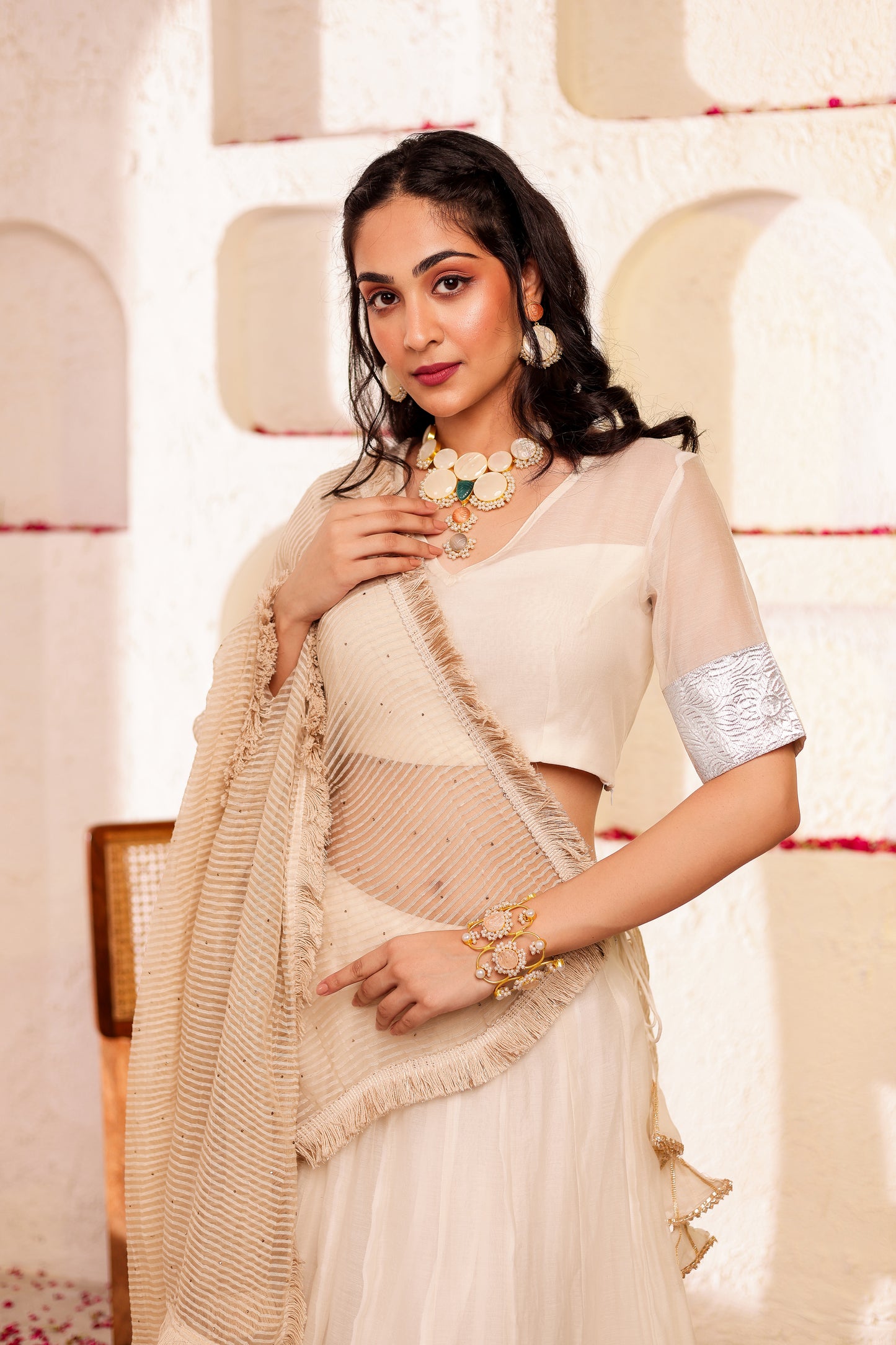 White Chanderi Silk Lehenga Set