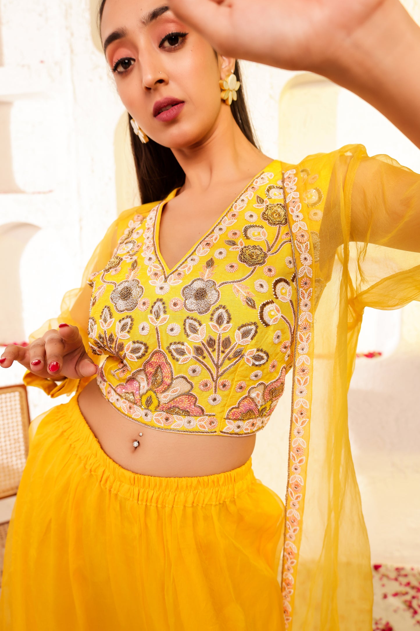 Bright Yellow Handembroidered Sharara Set