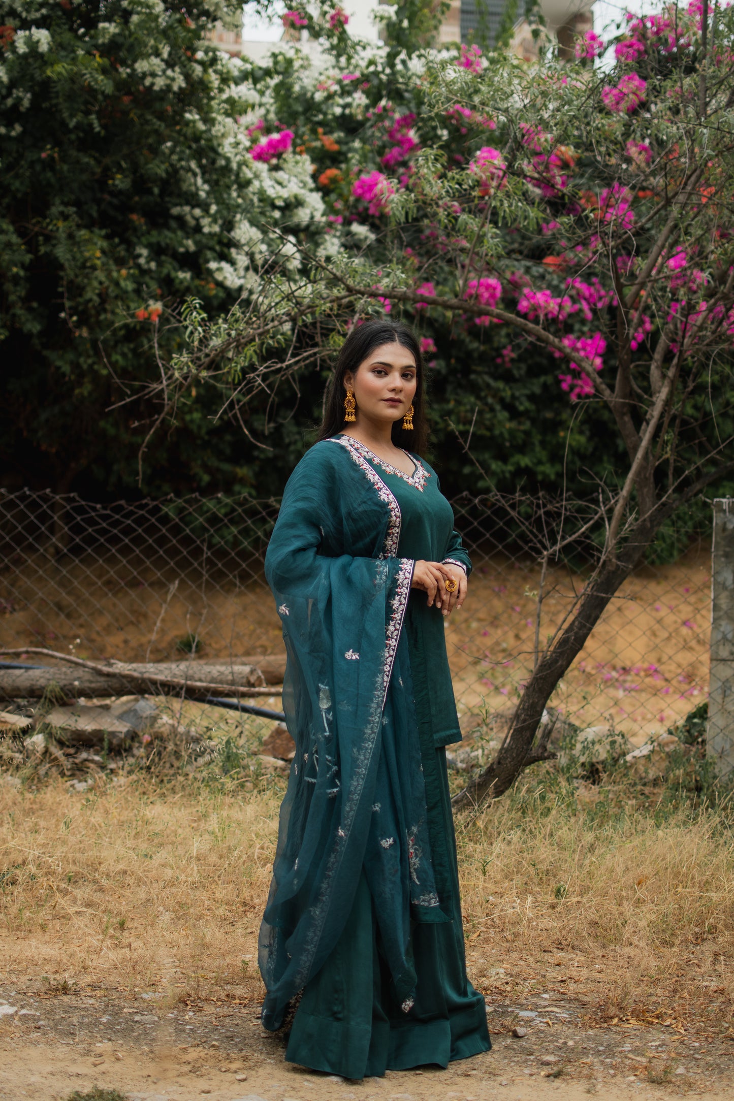 Teal Crepe Handembroidered Lehenga Set