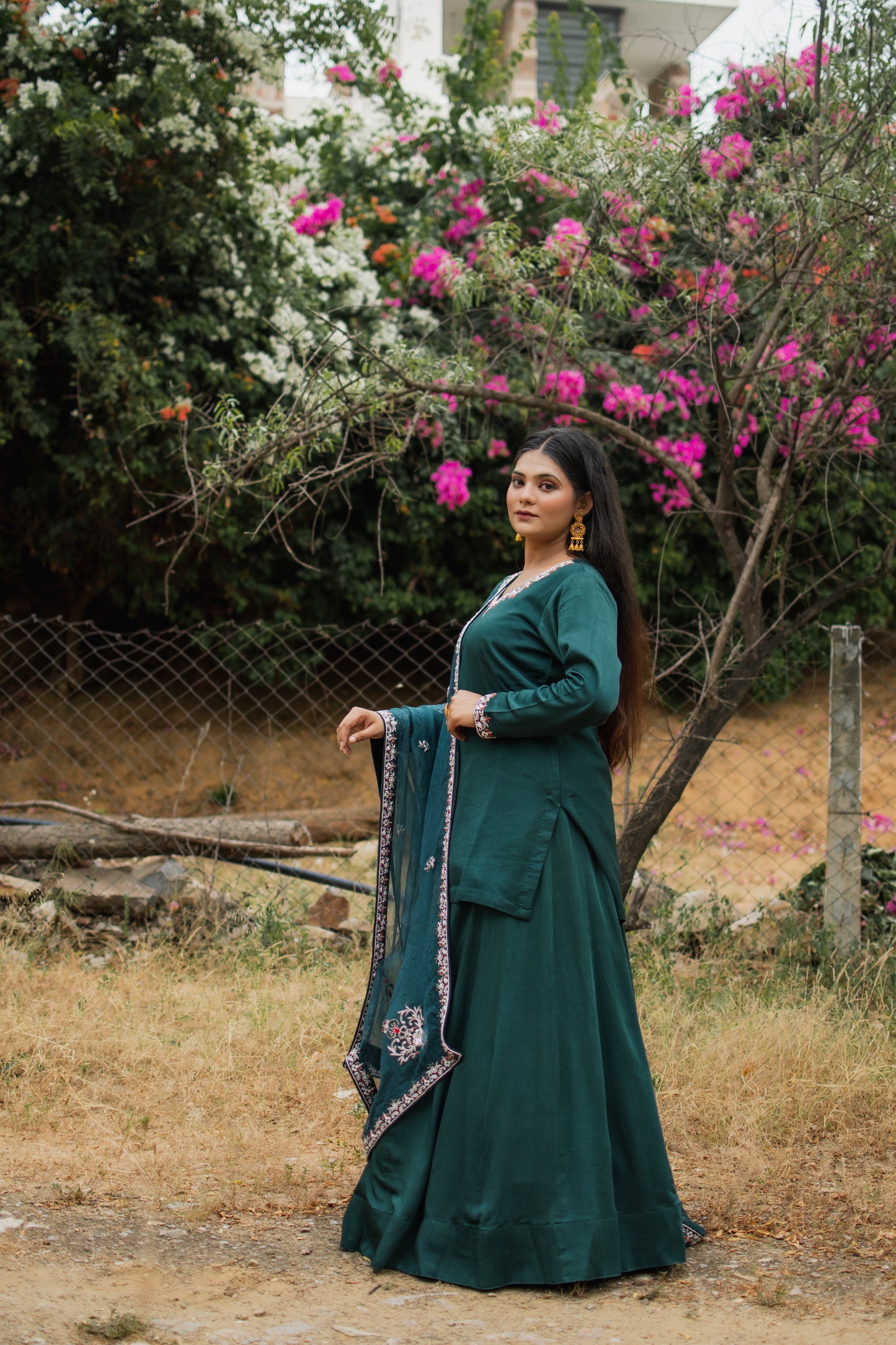 Teal Crepe Handembroidered Lehenga Set