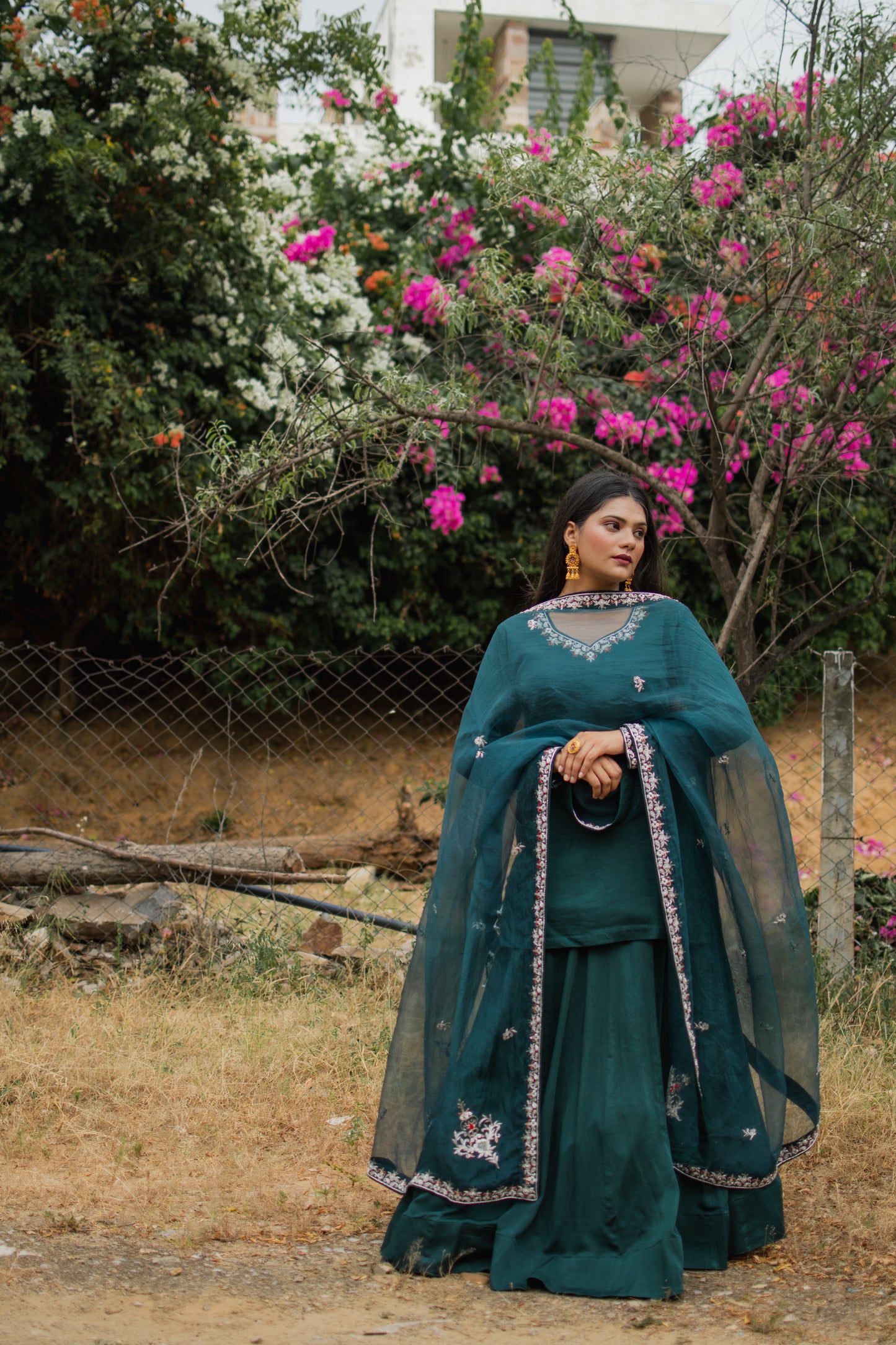 Teal Crepe Handembroidered Lehenga Set