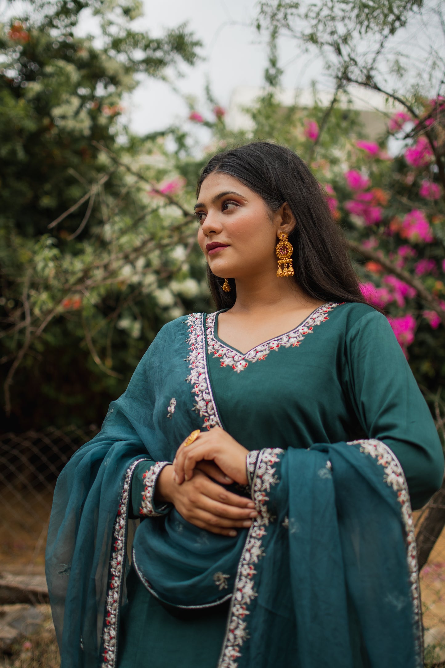 Teal Crepe Handembroidered Lehenga Set