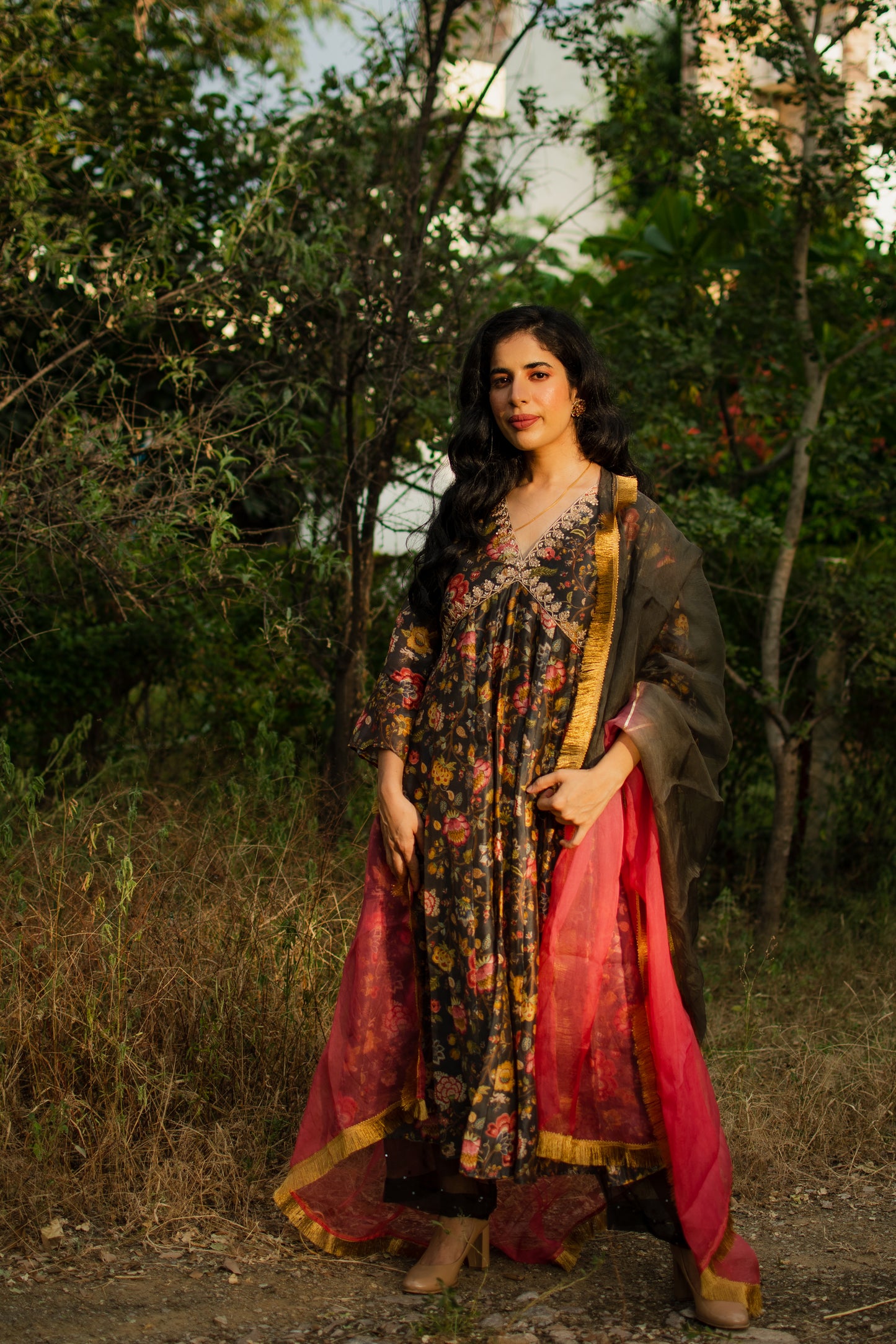 Black Floral Digitally Printed Anarkali Set