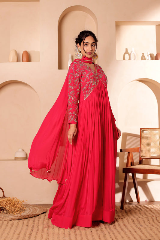 CHINNON SILK HANDEMBROIDERED ANARKALI SET