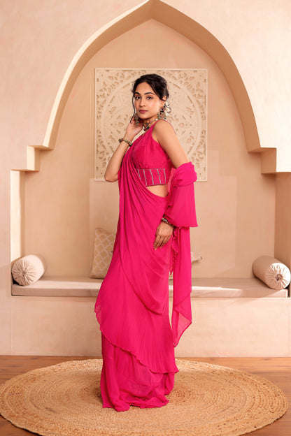FUCHSIA HANDEMBROIDERED SILK SAREE