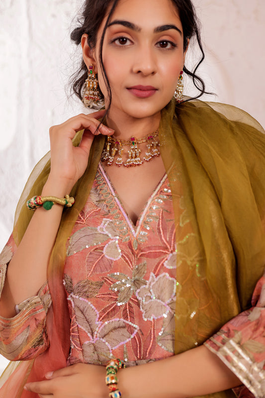 MAUVE CHANDERI PRINTED ANARKALI SET