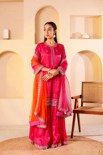 Fuchsia Silk Handembroidered Sharara Set