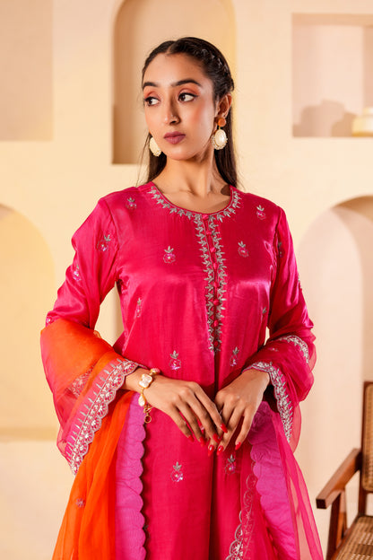 Fuchsia Silk Handembroidered Sharara Set