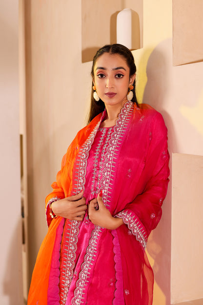 Fuchsia Silk Handembroidered Sharara Set