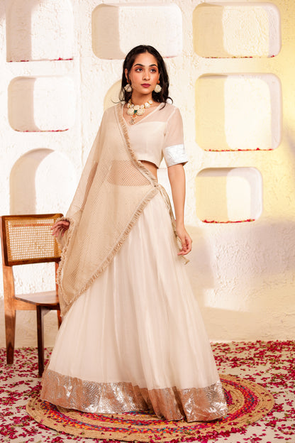 White Chanderi Silk Lehenga Set