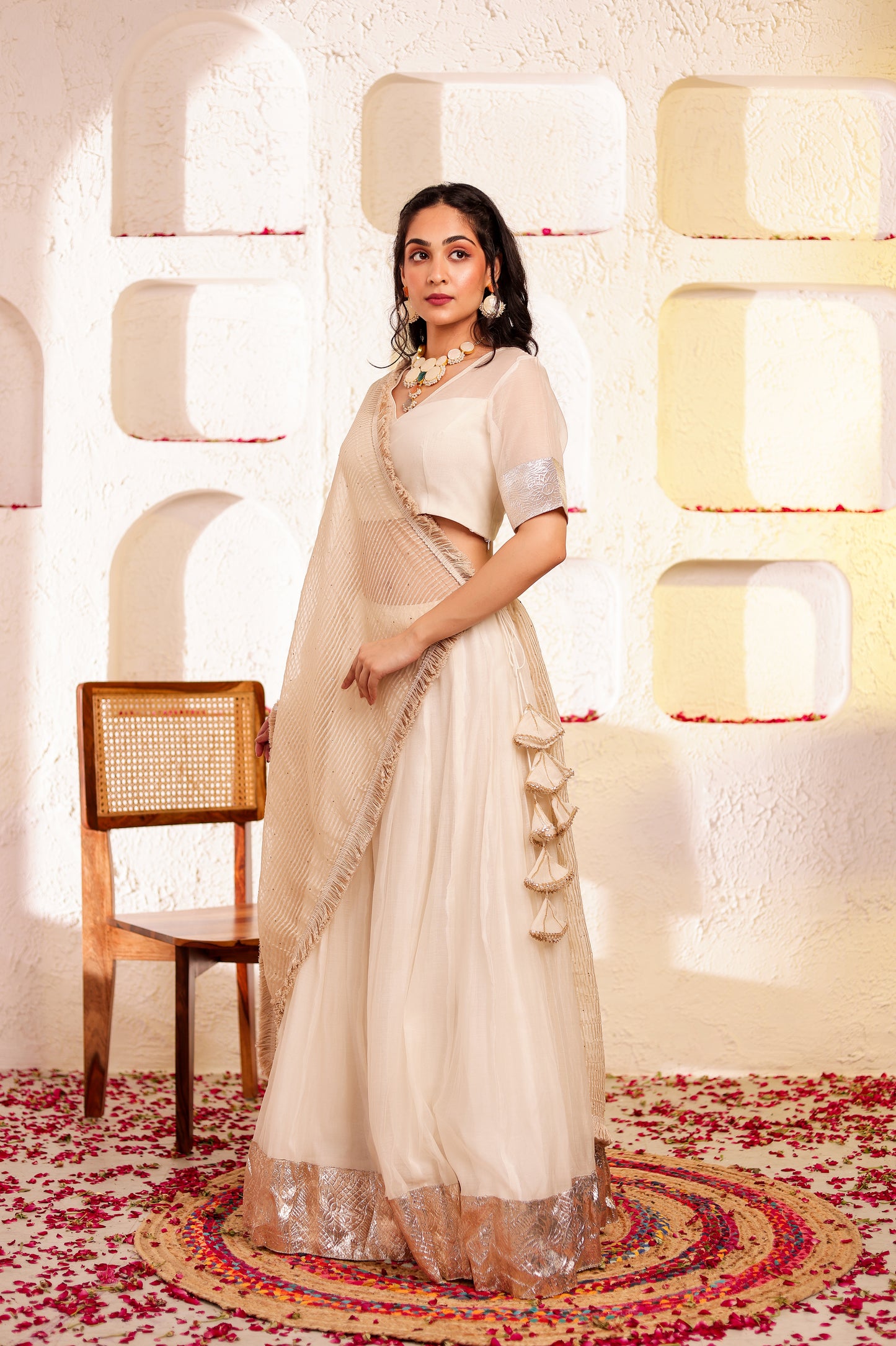 White Chanderi Silk Lehenga Set