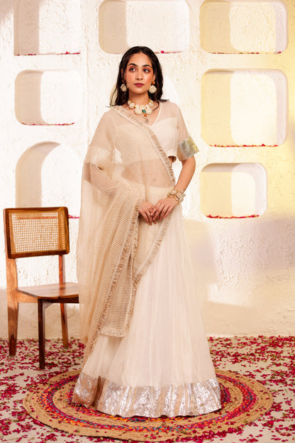 White Chanderi Silk Lehenga Set