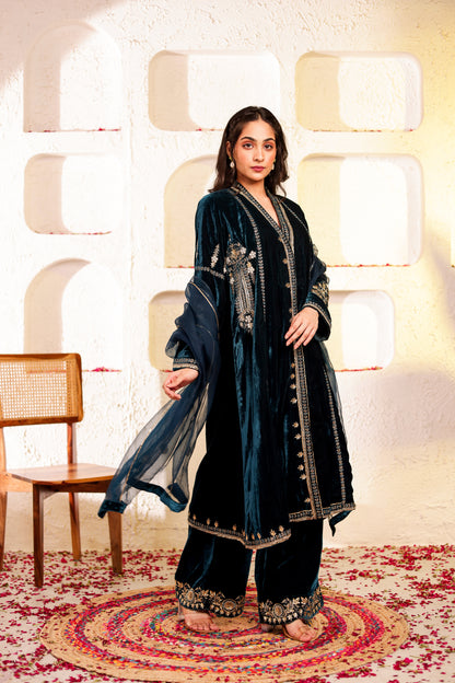 Velvet Silk Handembroidered Suit Set