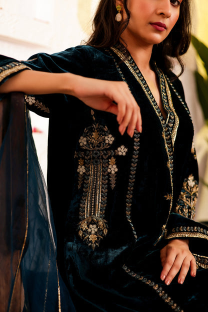 Velvet Silk Handembroidered Suit Set