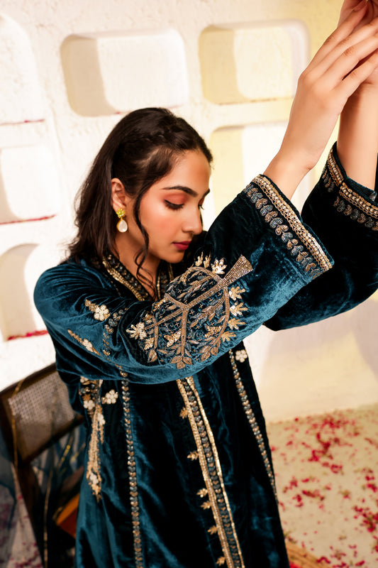 Velvet Silk Handembroidered Suit Set