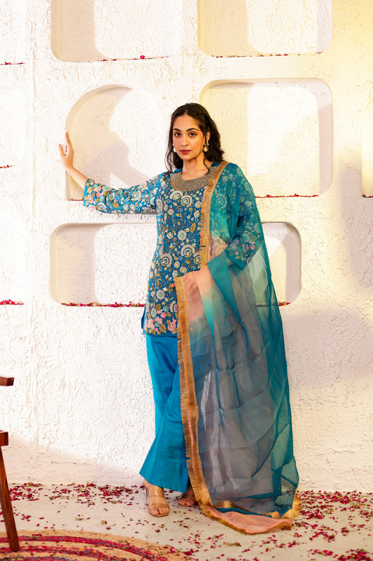 Peacock Silk Handembroidred Short Kurta and Bell Bottom Pants