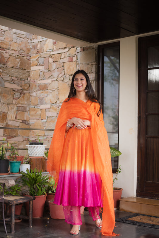 Orange Chanderi Silk Mukeish Anarkali Set