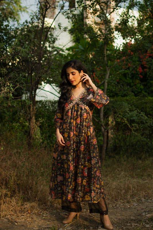Black Floral Digitally Printed Anarkali Set