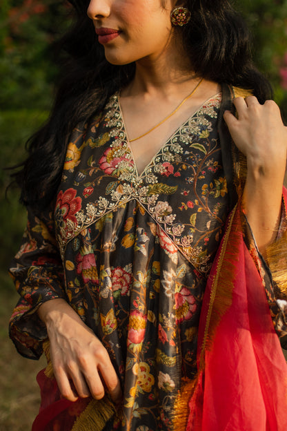Black Floral Digitally Printed Anarkali Set
