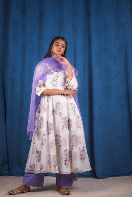 White Digitally Printed Floral Anarkali Set
