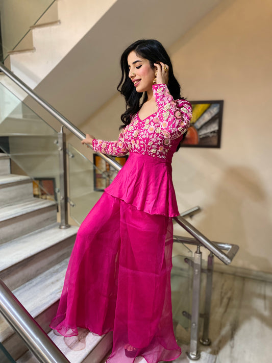 Magenta Embellished Peplum Top & Palazzo