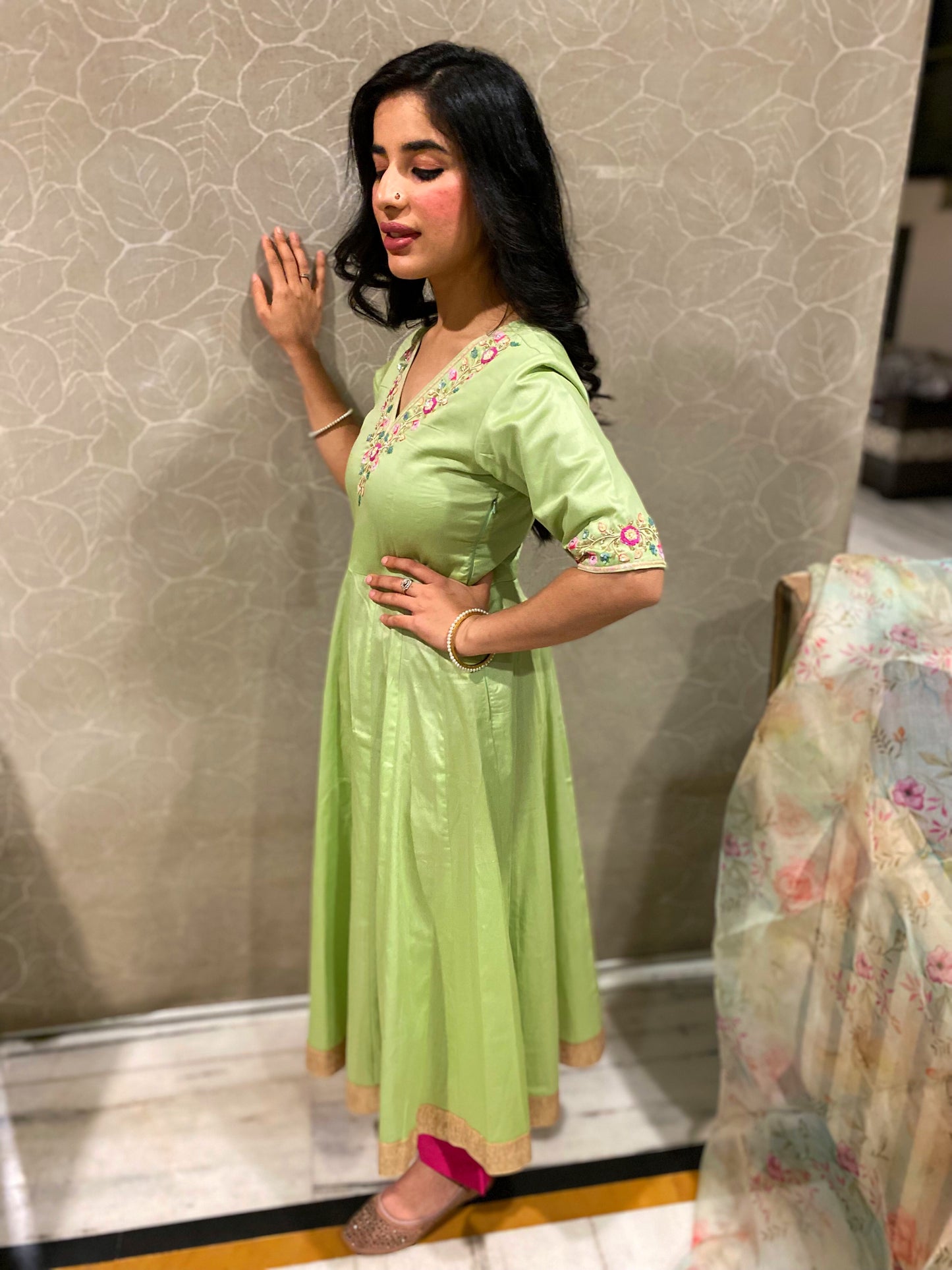 Tea Green Floral Anarkali