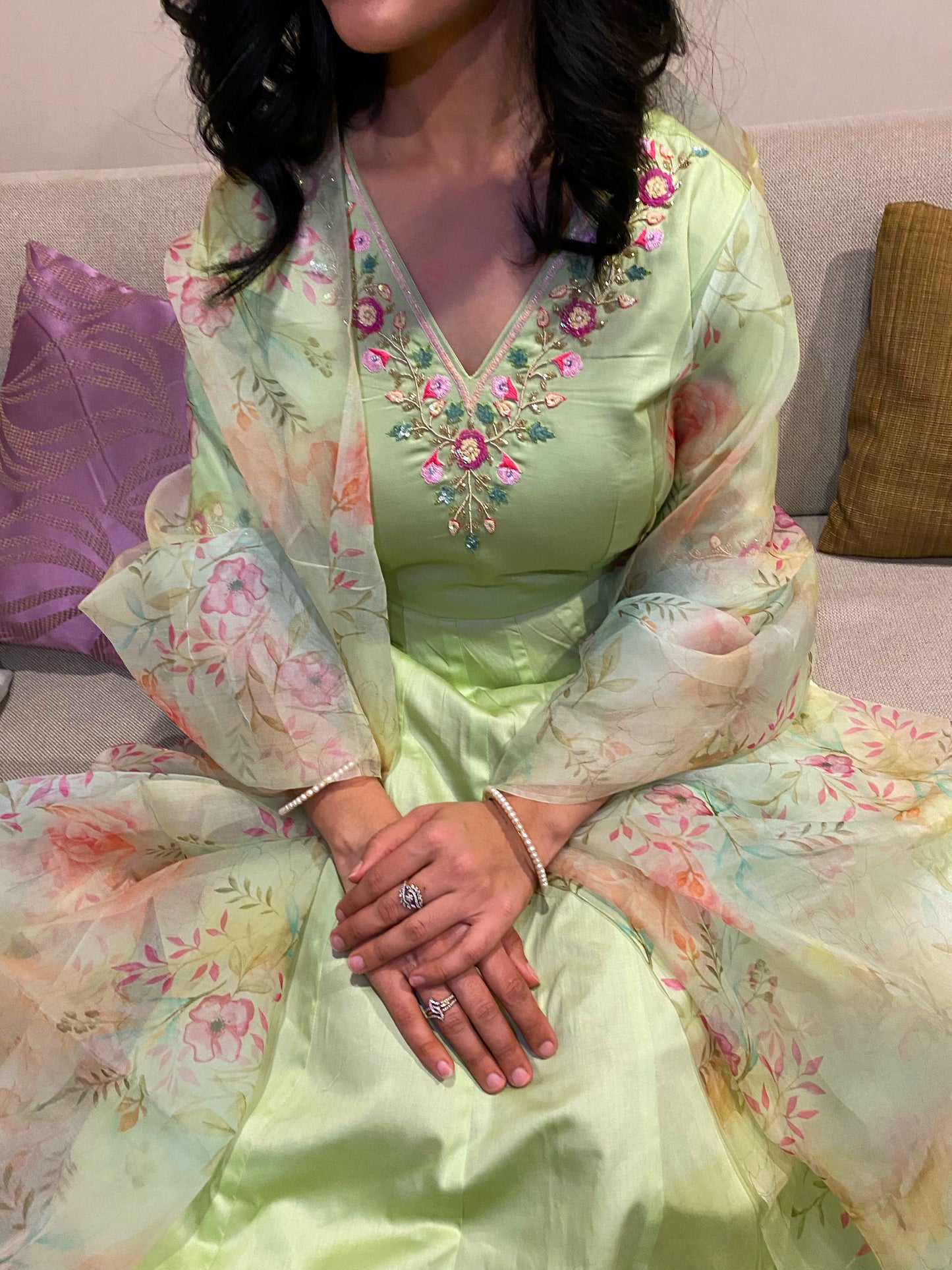 Tea Green Floral Anarkali