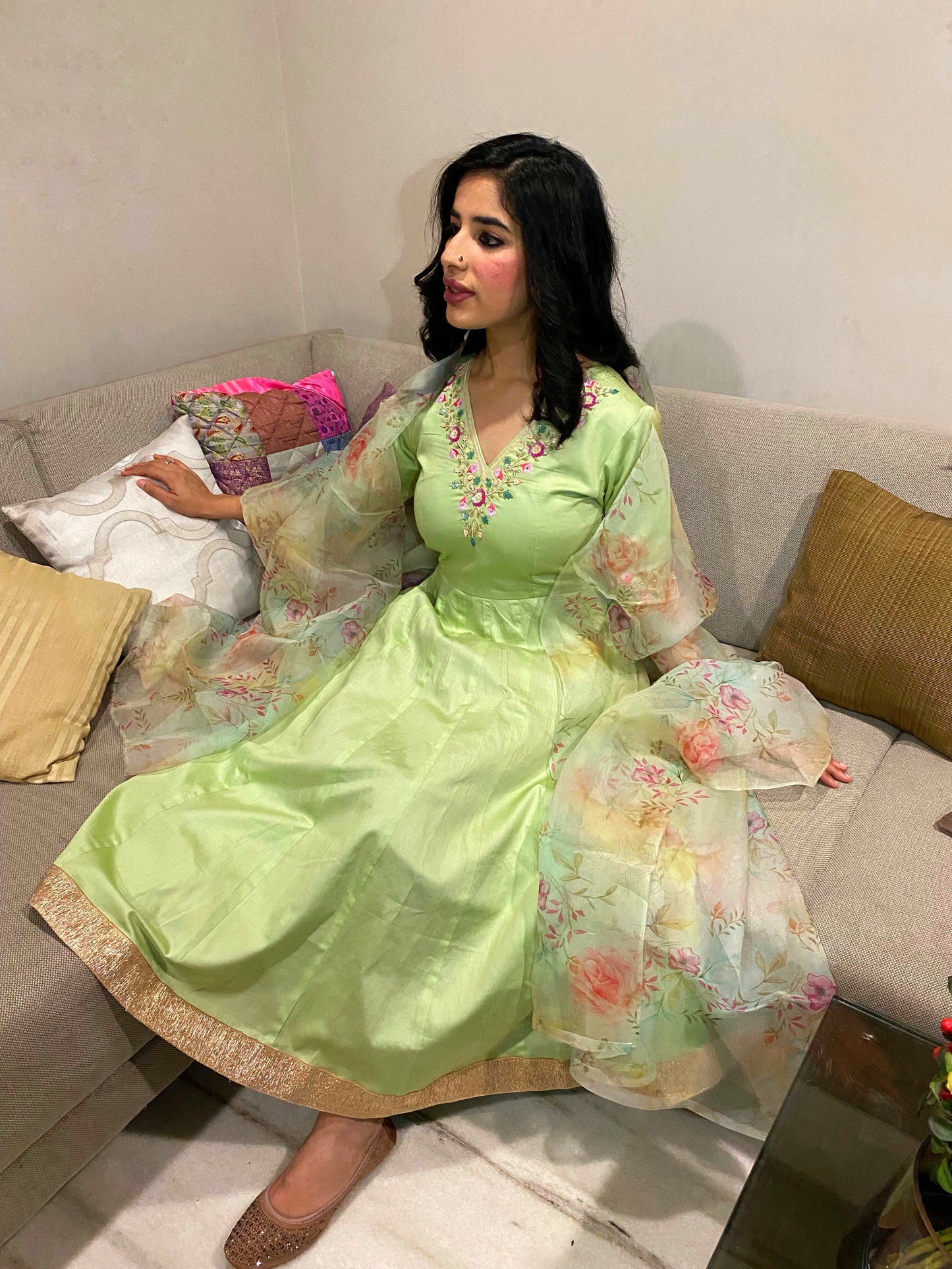 Tea Green Floral Anarkali