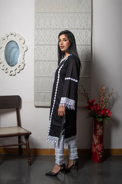 Black Cambric V-Neck Cotton Suit