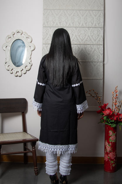 Black Cambric V-Neck Cotton Suit