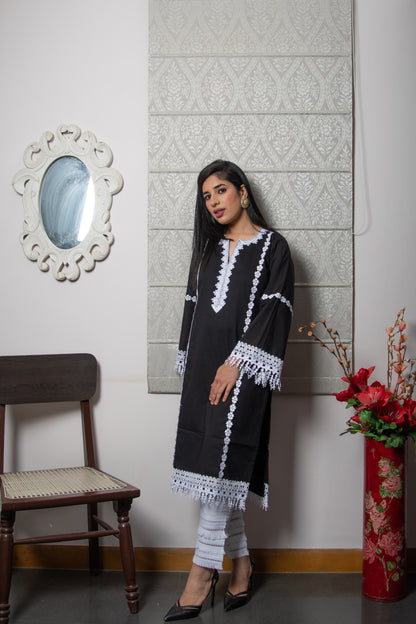 Black Cambric V-Neck Cotton Suit