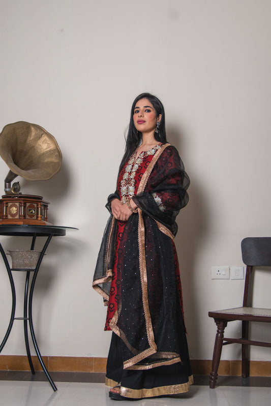 Carmine Block Print Kurta Sharara
