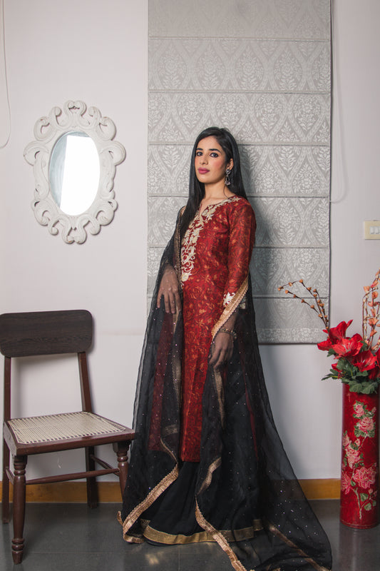 Brick Red Block Print Kurta Sharara