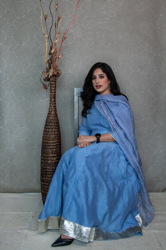 Powder Blue Chanderi Mukaish Anarkali
