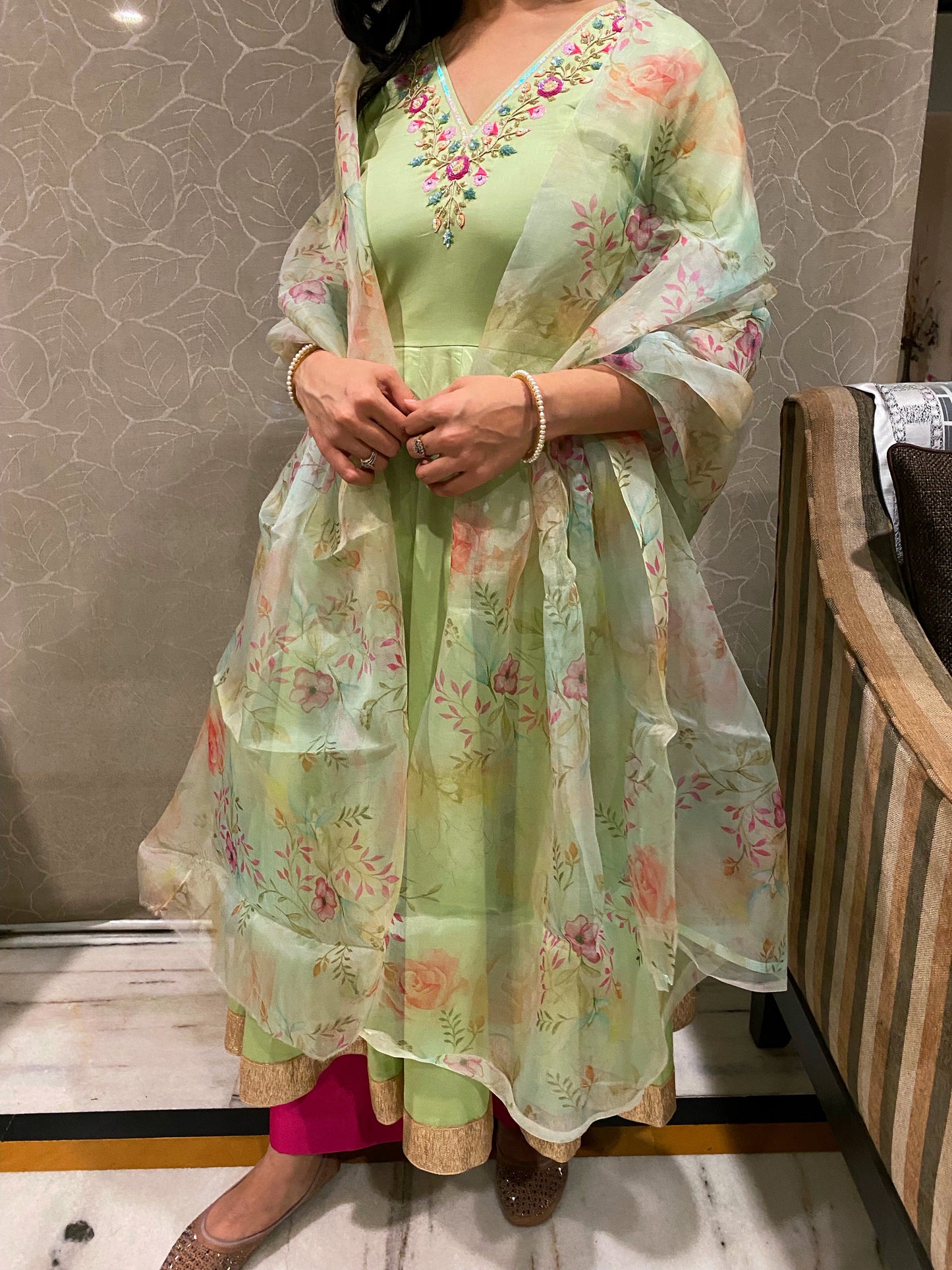 Tea Green Floral Anarkali
